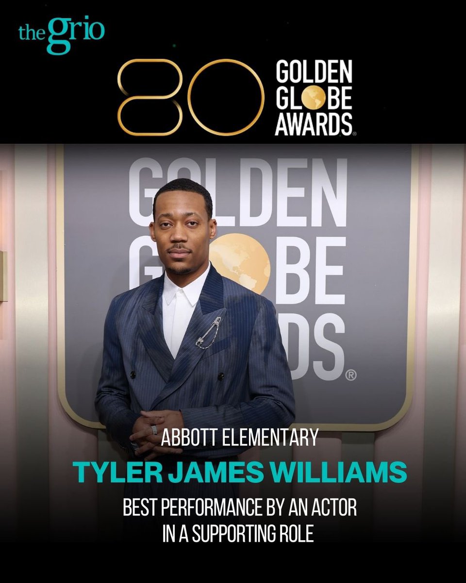 theGrio's tweet image. #TylerJamesWilliams wins Best Performance by an Actor in a Supporting Role in a Musical-Comedy or Drama Television Series at the #GoldenGlobes tonight for his role as Gregory Eddie in #AbbottElementary! 👏🏿

Congratulations, Tyler!