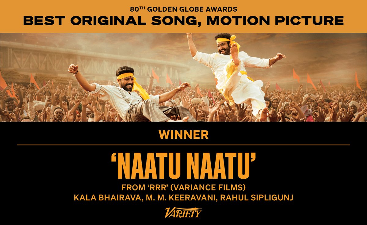 Variety's tweet photo. "Naatu Naatu" wins the #GoldenGlobe for Best Original Song - Motion Picture.

https://t.co/IpBnF0ZqEp https://t.co/YLtfrCrjSE