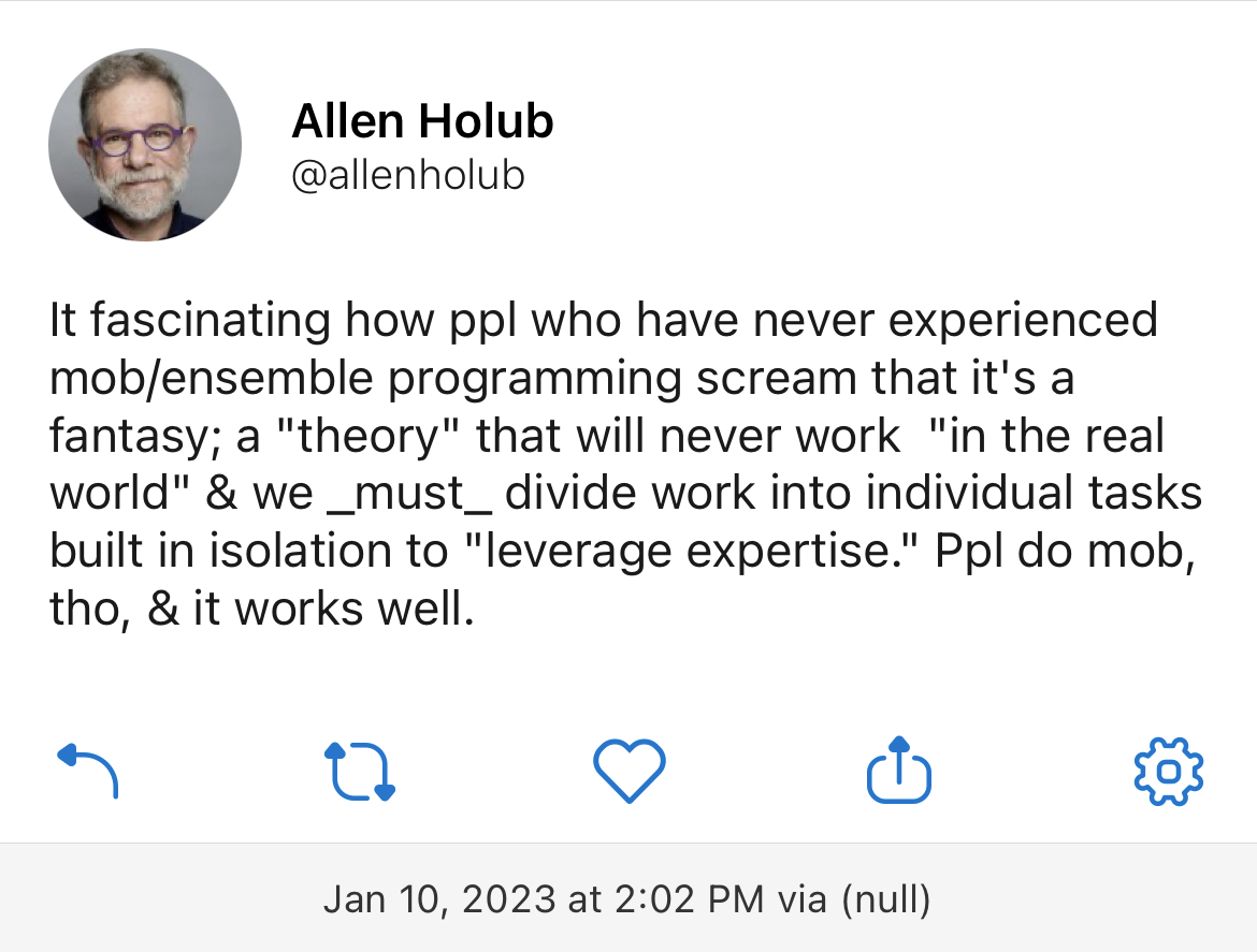 PeterKretzman's tweet image. Again: the frequent response to common criticisms of #MobProgramming is to invent objections to it (with no quoting or linking, of course) that folks don’t actually raise.

Mobbing critics (I’m one) don’t call mobbing a “fantasy”, or say it’ll “never work”, or that we “must” etc.