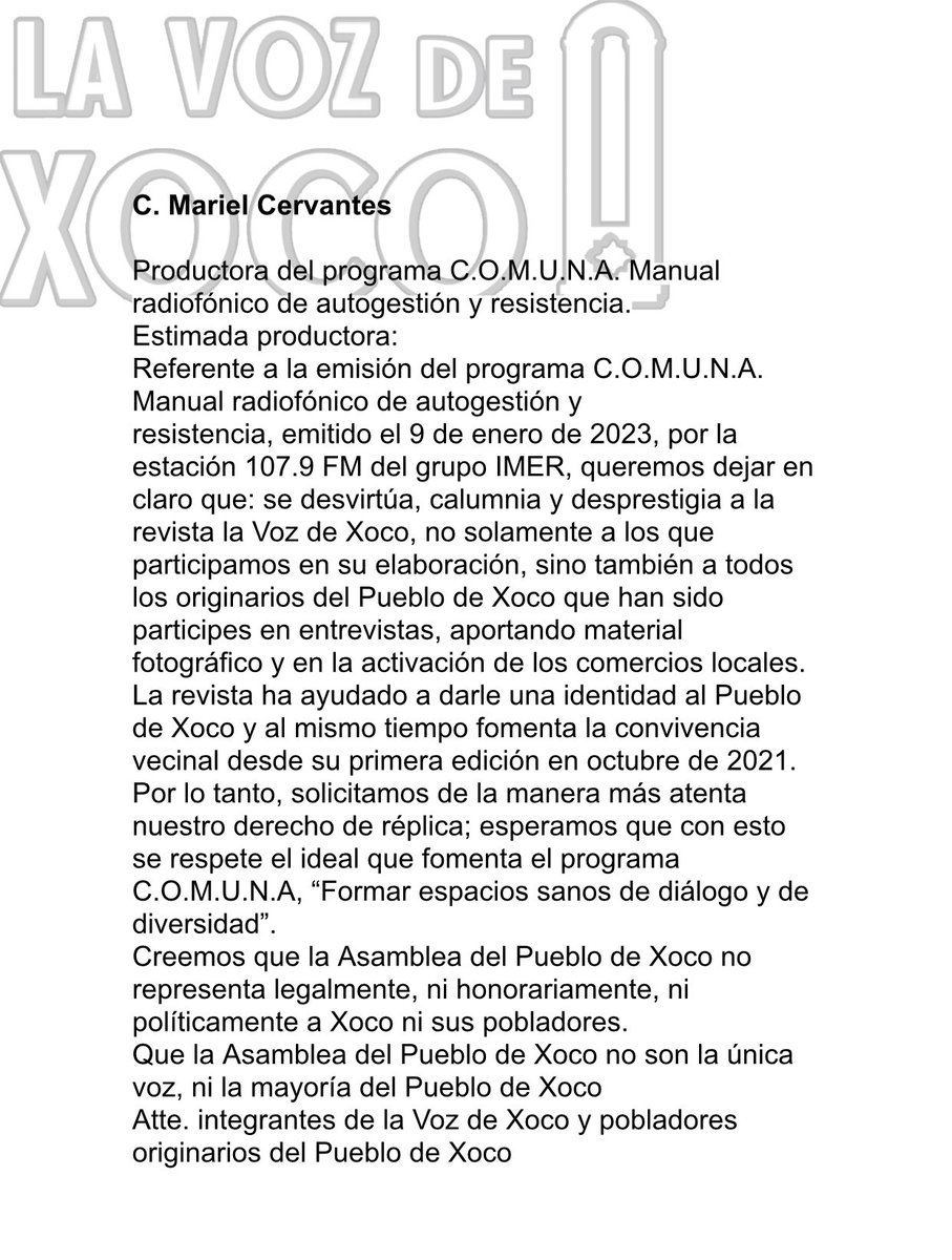 LDexoco's tweet image. Estimada @leiramchdz ojalá nos puedas dar derecho de réplica a los pobladores y originarios que conformamos la comunidad que produce La Voz de Xoco y que la @AsambleaXoco ha difamado en el espacio que tuvieron a bien cederles. En Xoco ellos no son la única voZ, ni representantes.