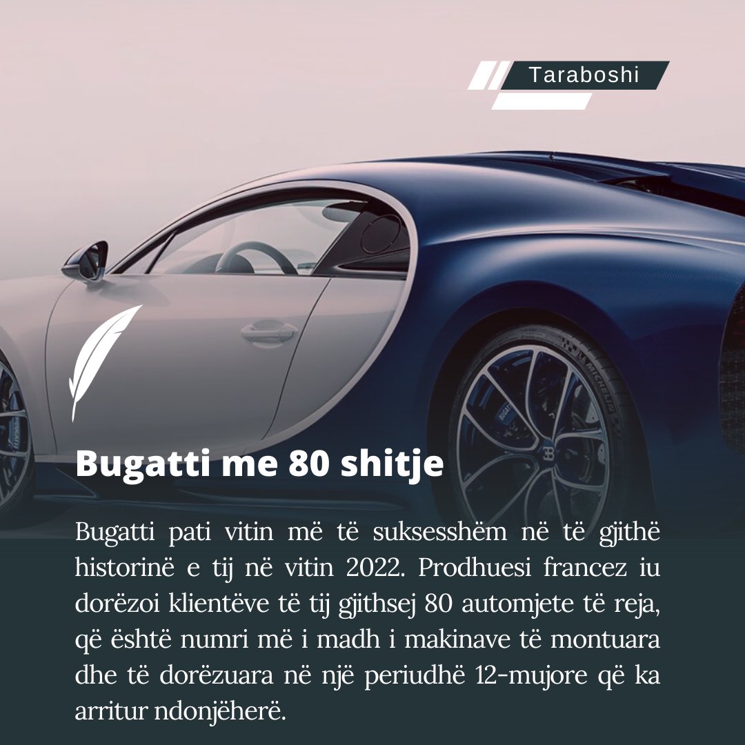 TweetTaraboshi's tweet photo. #Bugatti pati vitin më të suksesshëm në të gjithë historinë e tij në vitin 2022. #Prodhuesi #francez iu dorëzoi klientëve të tij gjithsej 80 #automjete të reja, që është numri më i madh i makinave të montuara dhe të dorëzuara në një periudhë 12-mujore që ka arritur ndonjëherë. https://t.co/Iremi00MBb