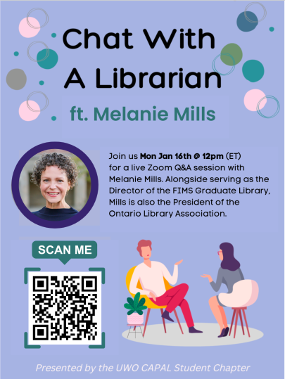 UWOCAPAL's tweet photo. Join us January 16th at 12pm to chat with Melanie Mills! Melanie Mills is Director of the FIMS Graduate Library and President of the Ontario Library Association. Scan the QR Code for access to this event! https://t.co/BPsl3FbwCs