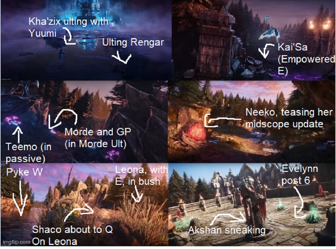 FreeLeagueMemes's tweet photo. To anyone claiming there are no champs in the cinematic (and yes, I really did miss the twitch in the first seconds) 
 https://t.co/BMTtcWWhYY https://t.co/2raoPpt2Ho