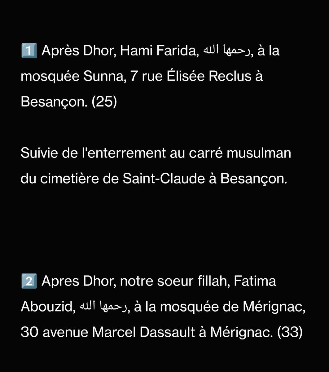 Salatjanazaa's tweet photo. 🔹1ère partie🔹

🥀PRIÈRES FUNÉRAIRES🥀
🔸MERCREDI 11 Janvier 2023🔸 https://t.co/HwWSAACiul