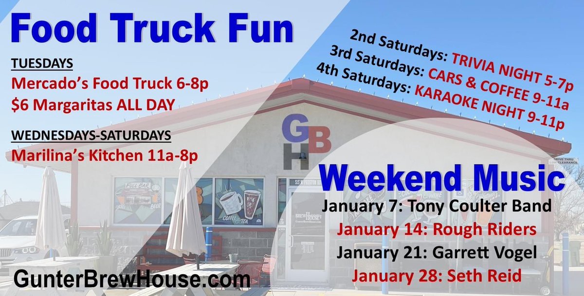 BrewGunter's tweet photo. January Fun!! Come see us!!
#smalltownfun #trivianight #karaokenight #smalltownsaturdaynight #smalltowncoffeeshop #coffeelovers #foodtruck #margaritas #drinkspecials https://t.co/NhKPhDFrvQ