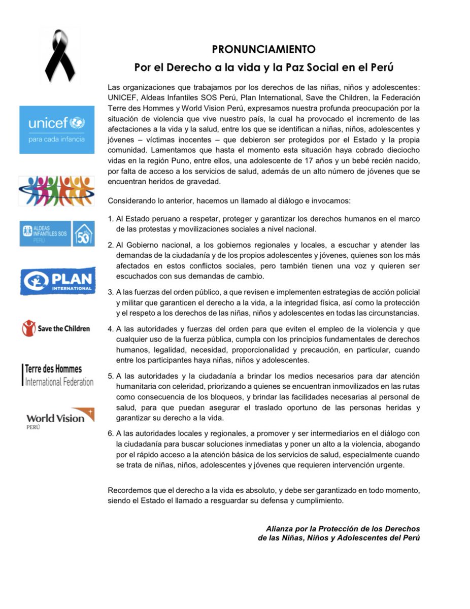 SaveChildrenPE's tweet photo. .@UNICEFperu, @AldeasSOSPeru,@tdhsperu, @planperu, Save the Children Perú y @WorldVisionPeru invocamos al Estado a garantizar el derecho a la vida e integridad física de las personas y a proteger a las niñas, niños y adolescentes en toda circunstancia. https://t.co/xN7BU2l22W