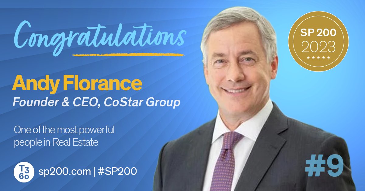 Congratulations to <a href="/CoStarGroup/">CoStar Group</a> Founder + CEO Andy Florance for being recognized among the most powerful and influential people in #RealEstate for 2023. #SP200 @swanepoel <a href="/jackmiller/">Jack Miller</a>