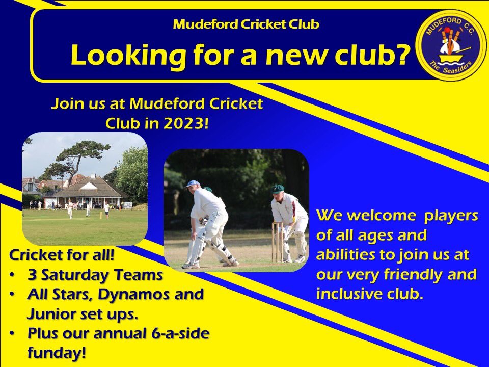 Looking for a new club? Restart you cricket career or start a new hobby?

Then Mudeford is the club for you!
We’re a welcoming and inclusive club always excited to recruit new players so if you’re interested in join us, just give us a message.
#cricket #localcricket #mudeford