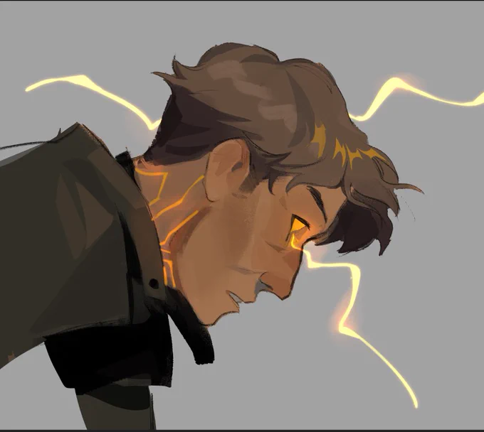 next I painted in the lightning and skin details, nothing special just some shinies on colour dodge. then I copied that layer and blurred it slightly and added some reddish orange with a soft brush to some parts for that extra warm glow 