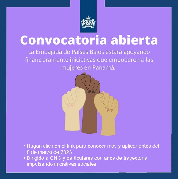 NLinPanama's tweet photo. La Embajada del Reino de los Países Bajos en Panamá 🇳🇱🇵🇦  está lanzando una convocatoria abierta para recibir propuestas que empoderen a las mujeres en Panamá.

Para más información: https://t.co/tVI9kj8iuK https://t.co/cufxRjsmE9