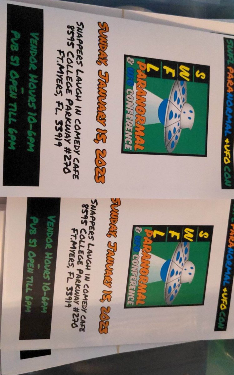 swflufoconferen's tweet photo. Programming guides &amp; pens will be at the check in table! Can't wait to see everyone at SWFL Paranormal &amp; UFO Con 2023! https://t.co/pvSPu855SL
