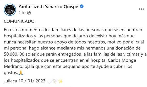 ¡Solo el pueblo salva al pueblo!, la artista Yarita Lizeth solidarizándose con los hermanos asesinados en Puno.