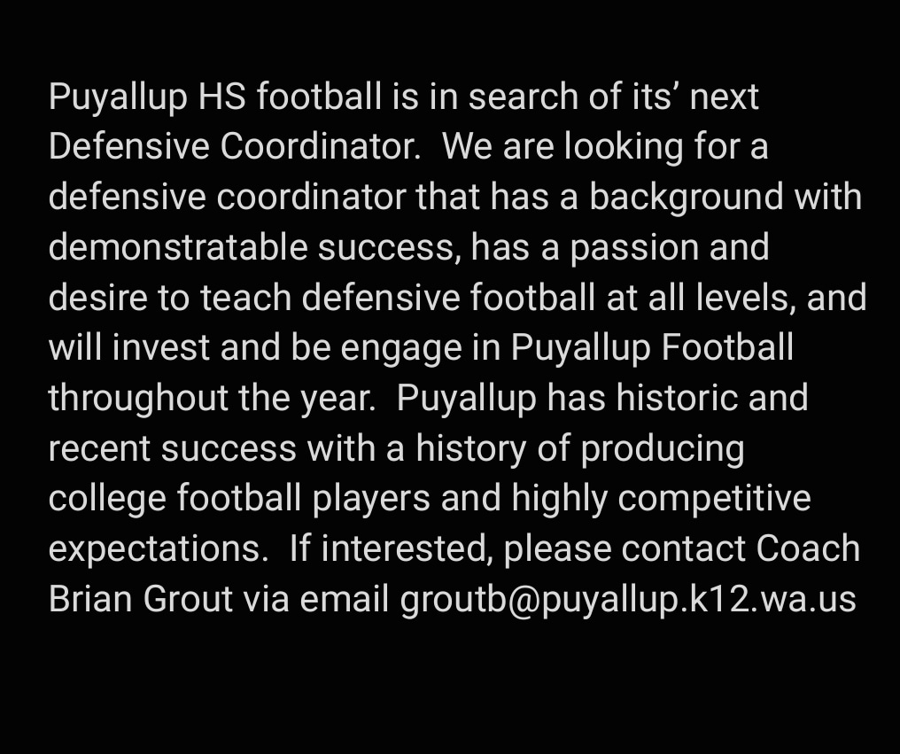 If you or someone you know is a high-quality defensive coach and would like to be an integral part of the Puyallup Vikings Staff, let Coach Grout know! #GoViks @RylandSpencer @CascadiaPreps @ManyHatsMilles @smithlm12