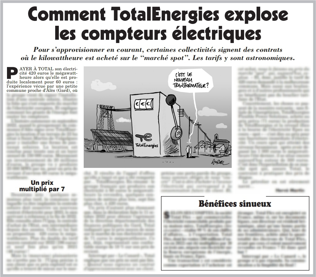 canardenchaine's tweet photo. Les beaux comptes de TotalEnergie : le MWh d'électricité solaire produit dans le Gard lui revient à 60€, il est revendu sept fois plus cher aux communes du coin...

https://t.co/Tpwe6OBCXa

Dessin : @Coolstand https://t.co/QGJohtbmXQ
