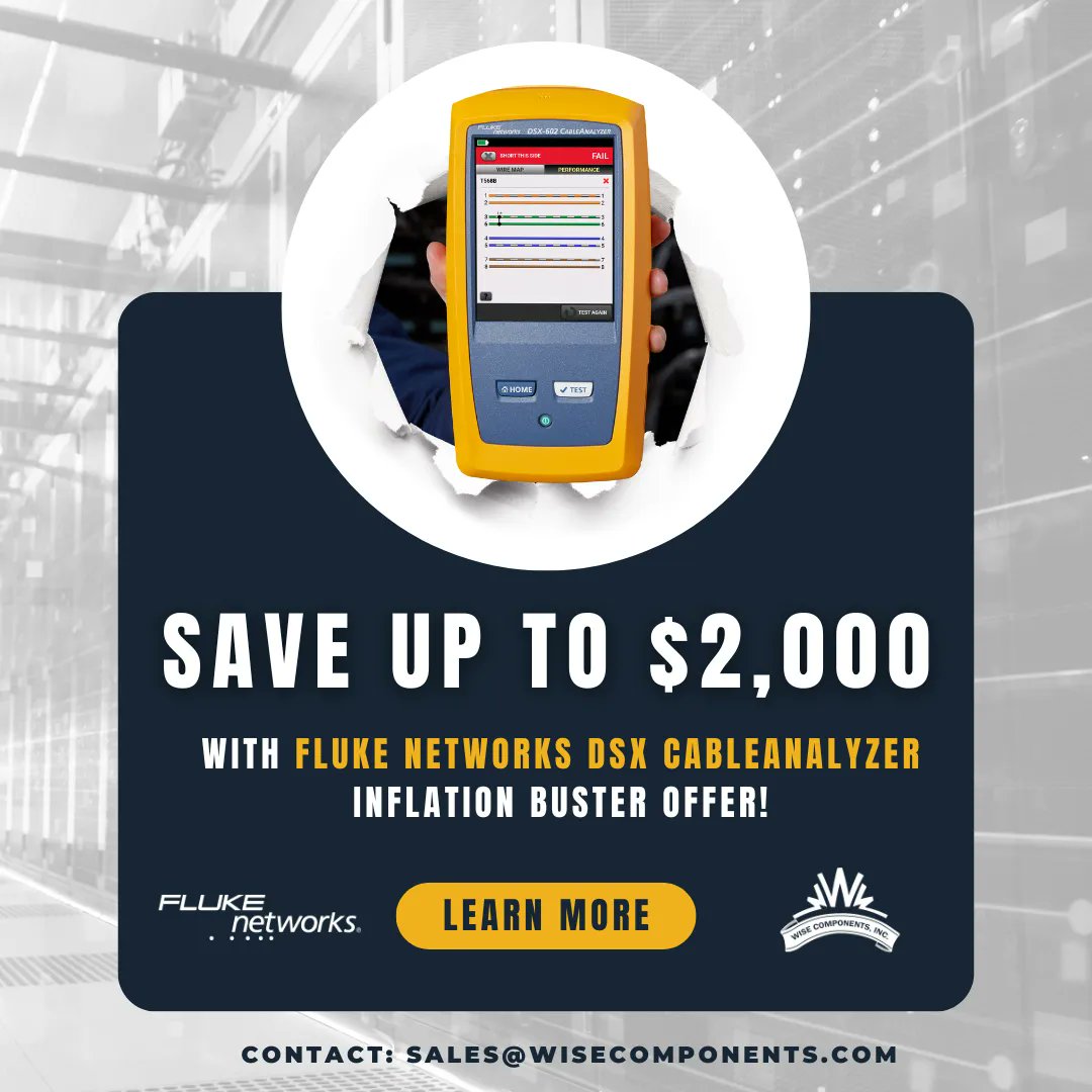 WiseComponents's tweet image. When you buy a Fluke Networks DSX2-5000 or DSX-602 #CableAnalyzer before 3/31/23, #WiseComponents, an authorized #FlukeNetworks reseller, will give you up to $2,000 cash back. 
#testing #procurement #Fluke #cable #cablemanagement #datacentersolutions #rebates #IT #electrical