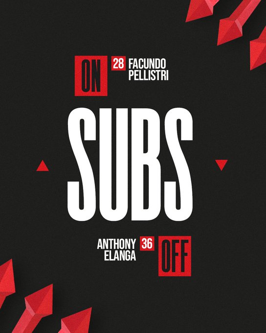 A substitution graphic showing Facundo Pellistri coming on for Anthony Elanga