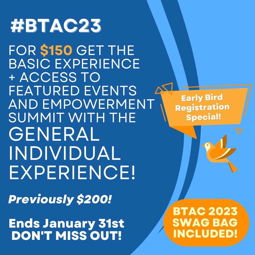 Don't miss out on early registration specials for #BTAC23! Until January 31st, you can register for the GENERAL INDIVIDUAL EXPERIENCE for $150! Register today: btac.blacktrans.org/shop/registrat…