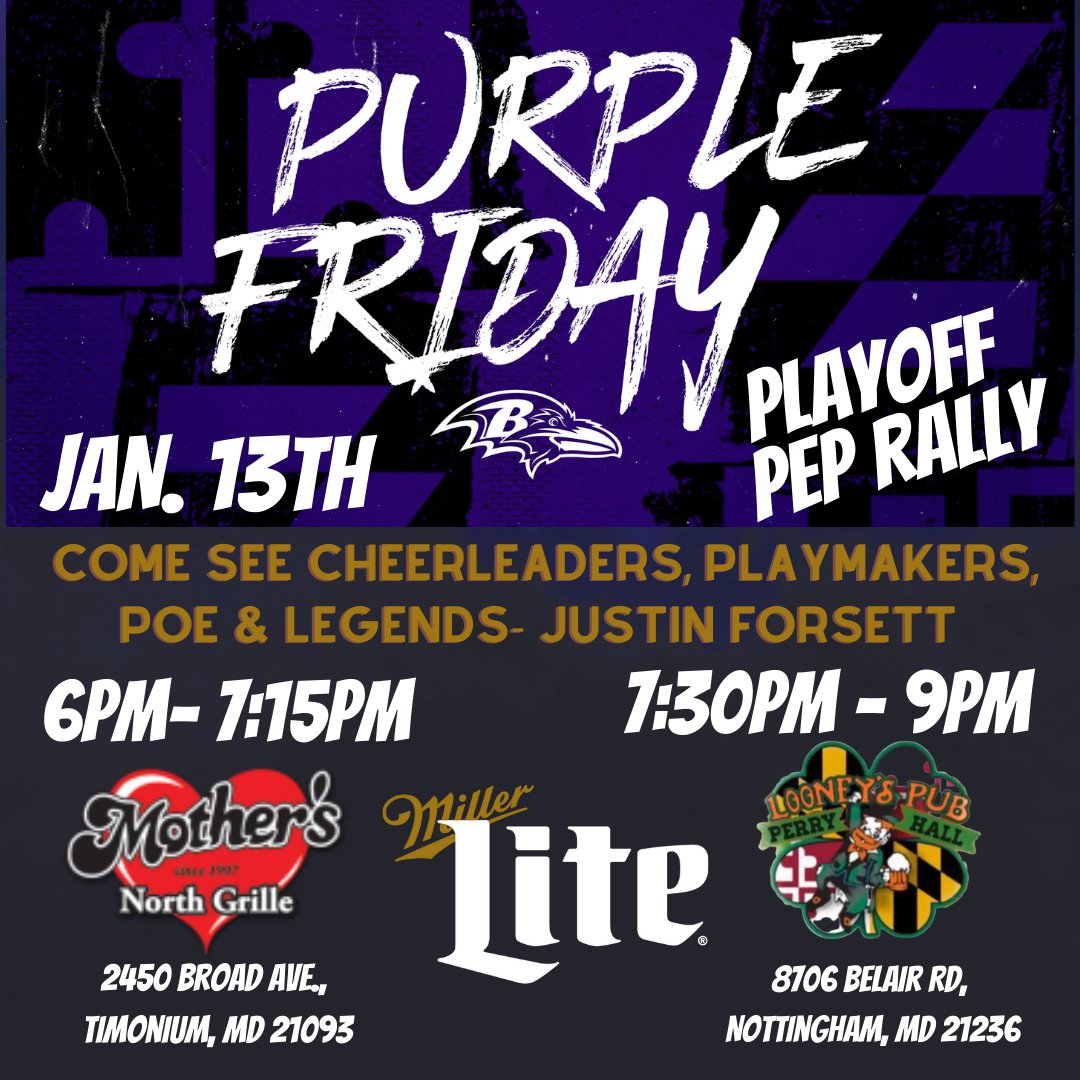 BondDistCo's tweet photo. Get out this friday and join the Pep Rally at these locations !@MothersNorth  and Looney"s Pub

#ravensplaymakers #millerlite #wordisbond https://t.co/LbsGWYfHNF