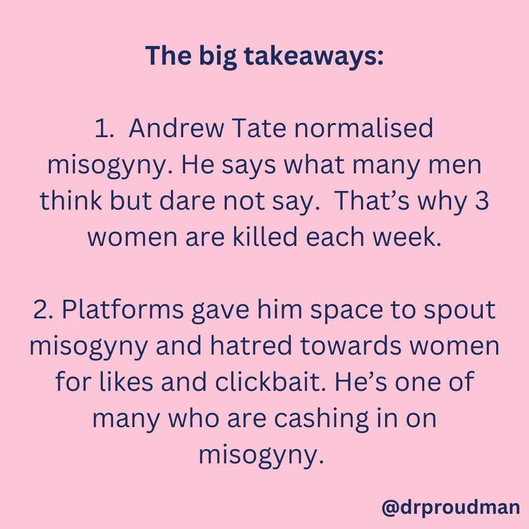 I’ll be on @BBCNewsnight speaking to the brilliant @VictoriaLIVE at 10.30pm bbc2 about Andrew Tate and the genre of misogyny that sells. It’s harmful for women, girls, men and boys. Manhood is not misogyny.