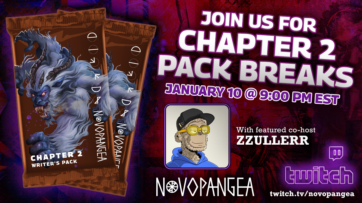 Novopangeaio's tweet image. Join us for Chapter 2 Pack Breaks TONIGHT at 2am UTC with Featured Co-host, @Zzullerr at twitch.tv/novopangea

Want a spot in our breaks? Visit novopangeaio.myshopify.com for the latest breaks!

Only 2 spots left as of this Tweet!

#packbreaks #novo #novopangea #cocreation