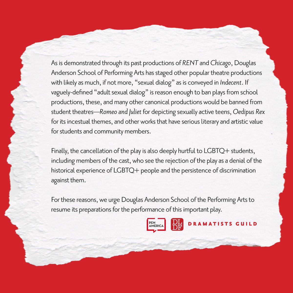 'As organizations dedicated to artistic, intellectual, and academic freedom, @ncacensorship, @penamerica, and @thedldf are deeply troubled by the cancellation of 'Indecent.' We urge school officials to rescind their decision...' Read the full statement: dramatistsguild.com/news/joint-sta…