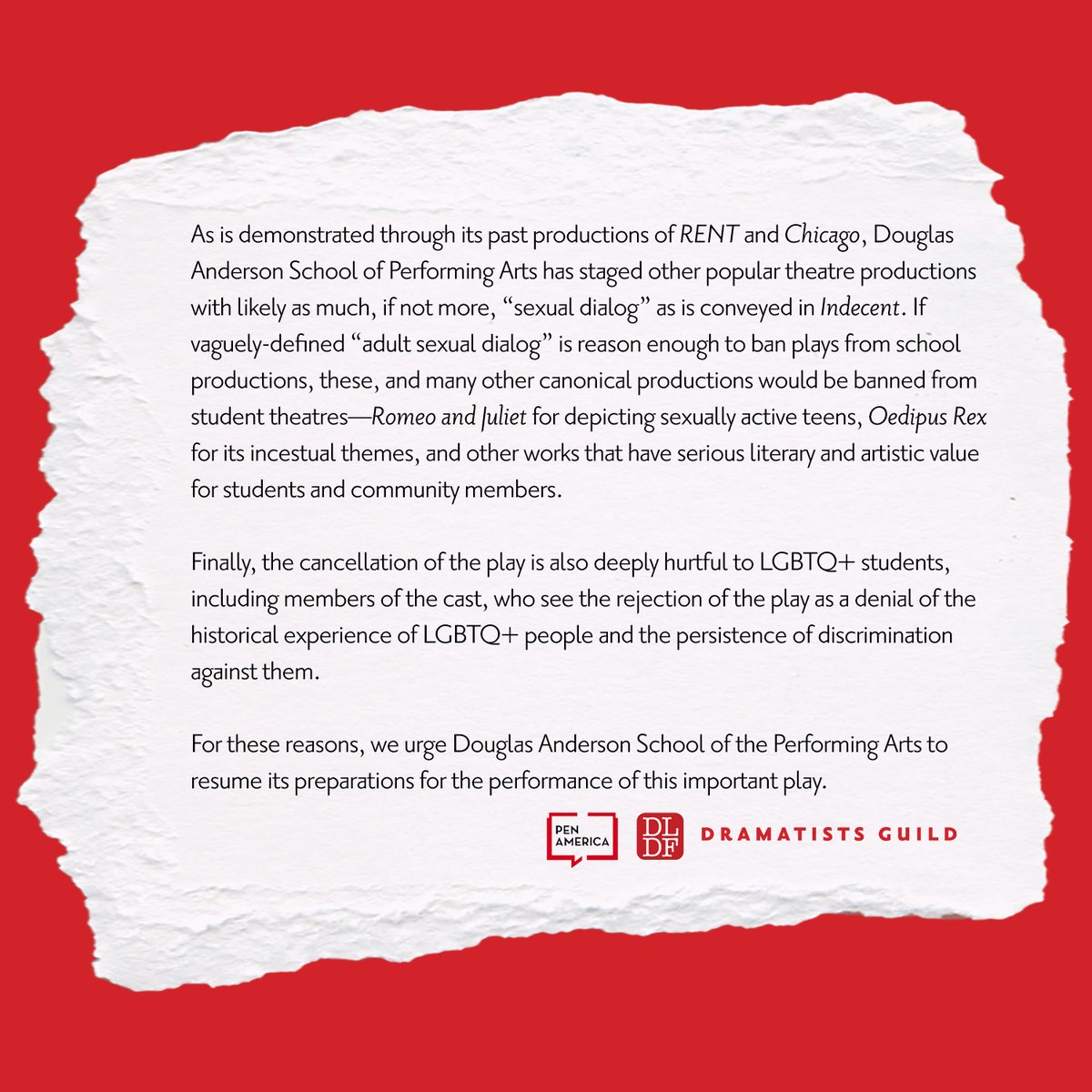 DLDF (@thedldf) on Twitter photo "As organizations dedicated to artistic, intellectual, and academic freedom, <a href="/ncacensorship/">National Coalition Against Censorship</a>, @penamerica, and @thedldf are deeply troubled by the cancellation of "Indecent." We urge school officials to rescind their decision..."
Read the full statement:
dramatistsguild.com/news/joint-sta… "As organizations dedicated to artistic, intellectual, and academic freedom, <a href="/ncacensorship/">National Coalition Against Censorship</a>, @penamerica, and @thedldf are deeply troubled by the cancellation of "Indecent." We urge school officials to rescind their decision..."
Read the full statement:
dramatistsguild.com/news/joint-sta…