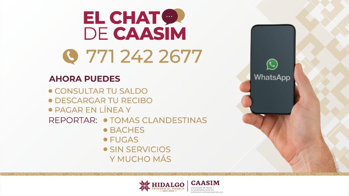 CAASIM's tweet photo. 📱Ponemos a su disposición el #ChatBoot de Caasim con la finalidad de establecer una comunicación directa con los usuarios de Caasim, dónde pueden solicitar mediante reportes para pipas, sin servicio, tomas clandestinas y fugas de agua potable. En Caasim #PrimeroElPueblo
✨🤝✨ https://t.co/VSPBivXCvu