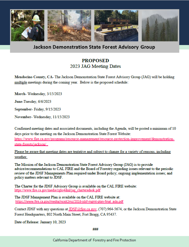 CALFIRE_MEU's tweet photo. #CALFIREJDSF The Jackson Demonstration State Forest Advisory Group (JAG) will be holding multiple meetings during the coming year. Confirmed meeting dates and associated documents posted 10 days prior to the meeting at: https://t.co/vQsvZ6bhsJ . #workingforest #CALFIREMEU https://t.co/jZF7qX9kiP