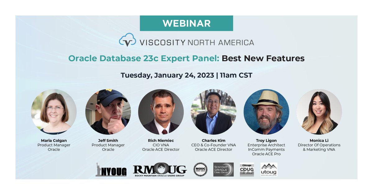 Viscosity NA (@viscosityna) on Twitter photo Early-bird registration is open for "#OracleDatabase23с Expert Panel: Best New Features," where <a href="/SQLMaria/">Maria Colgan</a>, <a href="/thatjeffsmith/">SQL.ProductManager.Oracle.Databases</a>, <a href="/RichNiemiec/">Rich Niemiec</a>, <a href="/racdba/">Charles Kim</a> & <a href="/Troy_Ligon/">Troy Ligon</a> share their favorite advanced features that foster business transformation!
bit.ly/3vkP9FV
#vna #orapub Early-bird registration is open for "#OracleDatabase23с Expert Panel: Best New Features," where <a href="/SQLMaria/">Maria Colgan</a>, <a href="/thatjeffsmith/">SQL.ProductManager.Oracle.Databases</a>, <a href="/RichNiemiec/">Rich Niemiec</a>, <a href="/racdba/">Charles Kim</a> & <a href="/Troy_Ligon/">Troy Ligon</a> share their favorite advanced features that foster business transformation!
bit.ly/3vkP9FV
#vna #orapub