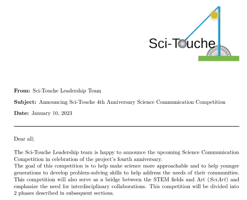 SciTouche's tweet photo. The memo is officially out! We are really excited about this competition! Let us know if you are interested in learning more. #STEM #PracticalEd #SciArt https://t.co/hs7G0XoSat
