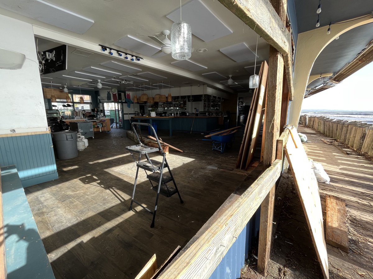 ethanbaron's tweet image. Zelda’s restaurant in Capitola Village has been cleaned up considerably after Thursday’s megastorm, but the beam from the broken Capitola Wharf that rode giant waves through the front windows remains