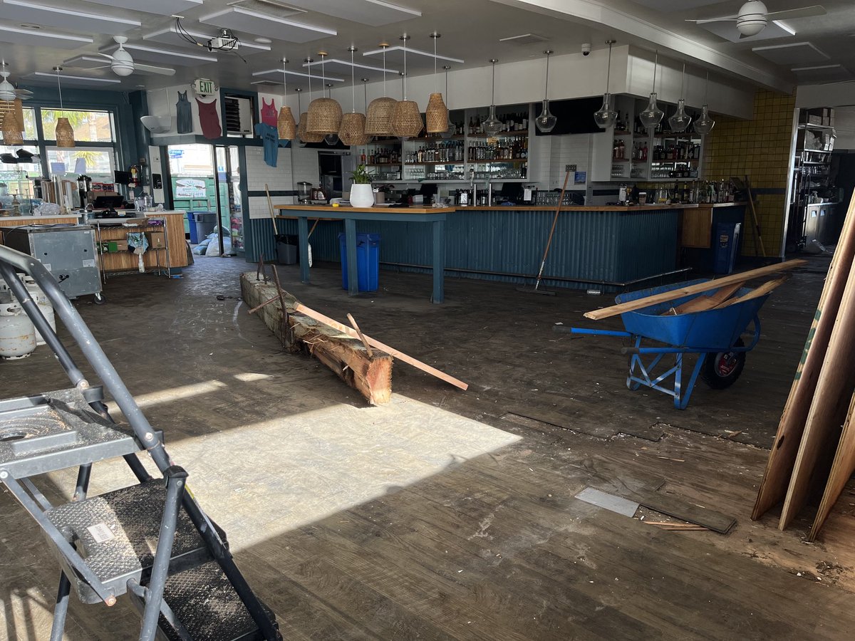 ethanbaron's tweet image. Zelda’s restaurant in Capitola Village has been cleaned up considerably after Thursday’s megastorm, but the beam from the broken Capitola Wharf that rode giant waves through the front windows remains