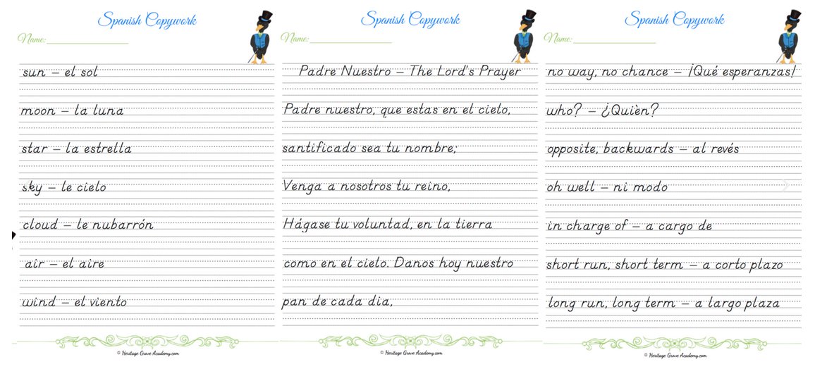 80 page book download – Spanish DN Slant Penmanship style.
heritagegroveacademy.com/spanish-handwr…
Teacher Pages, Numbers, Colors, Days, Months, Seasons, Greetings, Pronouns, Family, Numbers, Time, Shapes, Weather, Lord’s Prayer, Carols, Puzzles, Word Searches
#LanguageLearning #homeschooling
