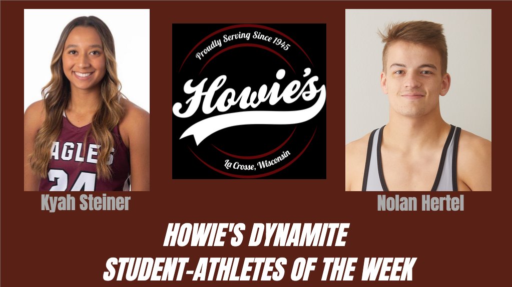 UWLAthletics's tweet photo. Congratulations to @UWLEaglesWBB Kyah Steiner and @UWL_Wrestling Nolan Hertel for being named the @HowiesLaCrosse Dynamite Student-Athletes of the Week. https://t.co/zfeL3ypKz9 https://t.co/5MObGmScEc