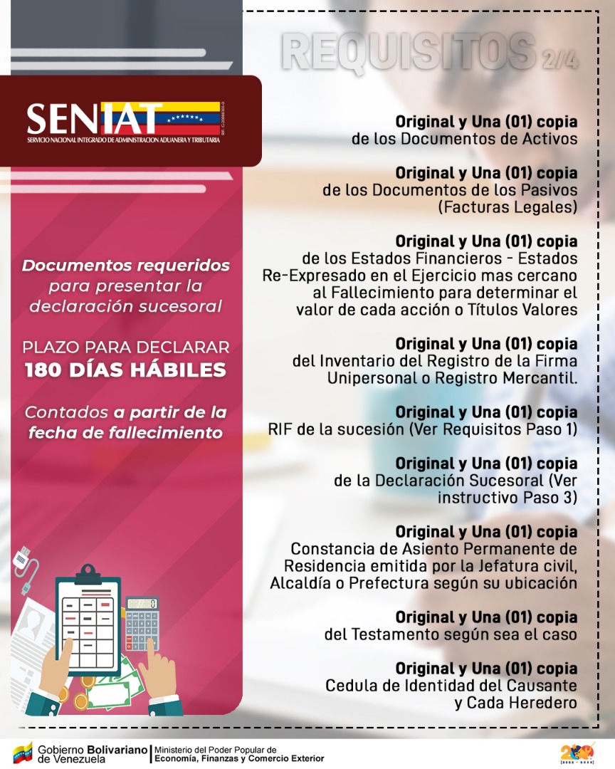 SENIAT_Oficial's tweet photo. Documentos requeridos para presentar la declaración sucesoral. 
#SENIATPotenciaLaEconomía https://t.co/qCPeRUSP9J