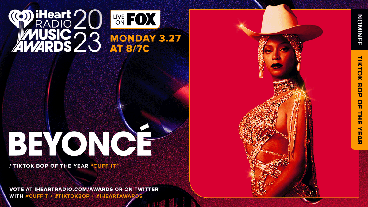 iHeartRadio's tweet image. 🔥 @Beyonce 🔥

Vote using these hashtags: #CUFFIT #TikTokBop #iHeartAwards 

And vote on: iHeartRadio.com/Awards