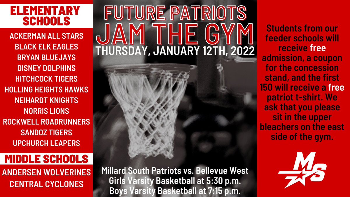 Millard South Activities (@mshsactivities) on Twitter photo Patriot Nation - Jam the Gym is Thursday, January 12th! We will see you there!!! <a href="/patriotsgbball/">Millard South GBB</a> <a href="/hoopsMS/">Millard South Hoops</a> #GoPatriots Patriot Nation - Jam the Gym is Thursday, January 12th! We will see you there!!! <a href="/patriotsgbball/">Millard South GBB</a> <a href="/hoopsMS/">Millard South Hoops</a> #GoPatriots