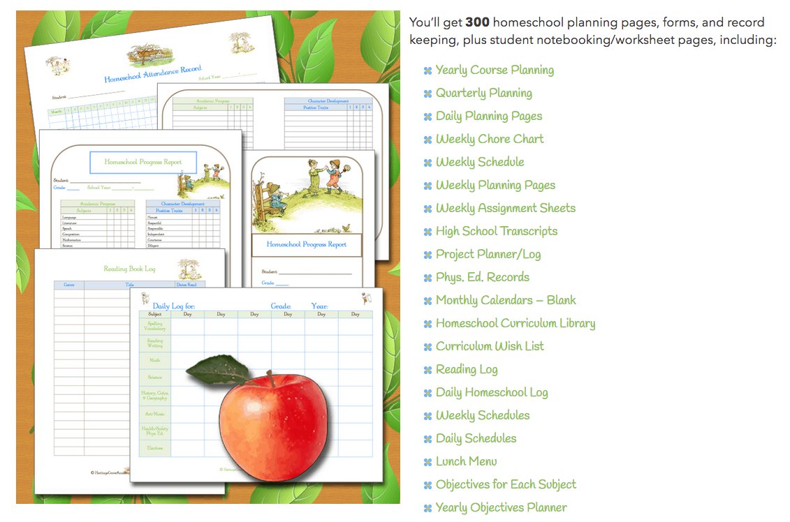 300 page #homeschool planning, organization, school forms, records for all state, school, and college requirements – evaluations, letters of notification, medical, dental records, high school transcripts, attendance records, report cards, and logs.
heritagegroveacademy.com/awesome-homesc…