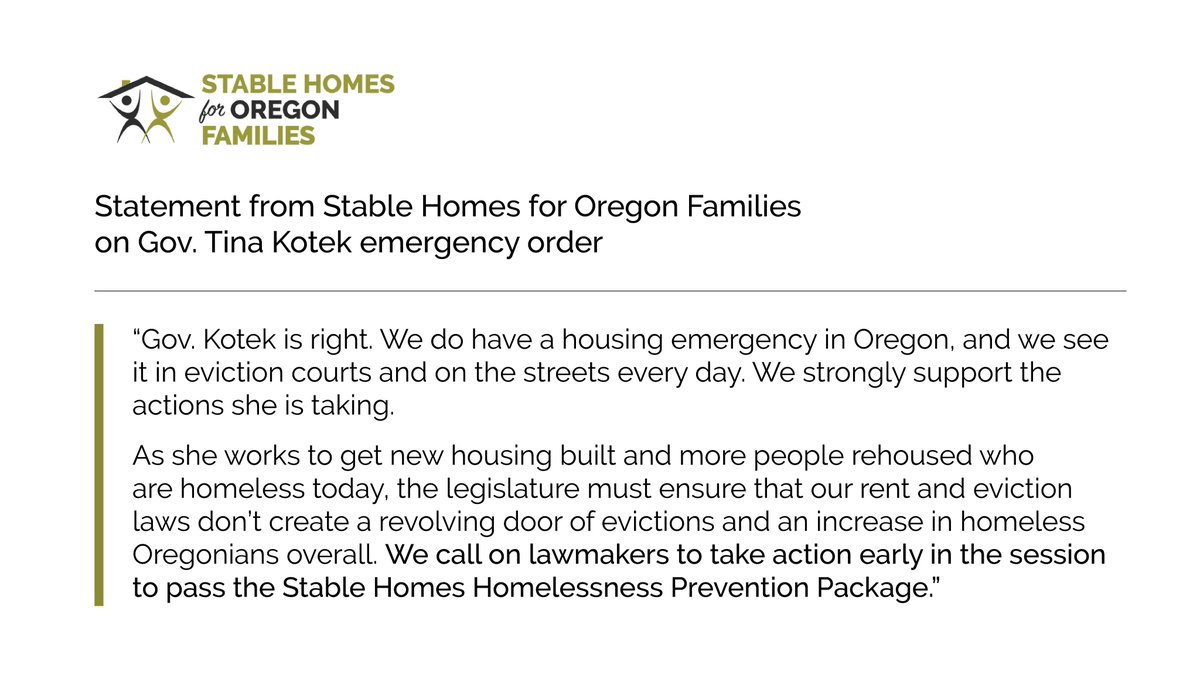 Day 2: <a href="/GovTinaKotek/">Governor Tina Kotek</a> moving forward quickly to address the housing crisis! Now #orleg can work to prevent a revolving door of homelessness and keep people safe and stable in their homes. Our 2023 agenda: stablehomesor.org