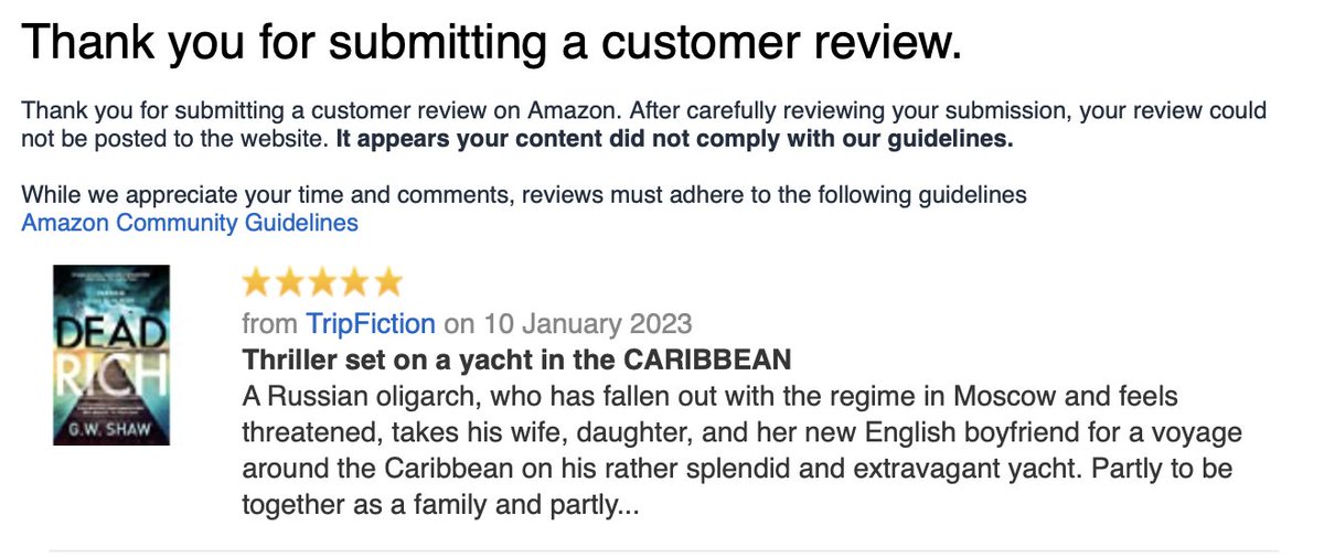 TripFiction's tweet photo. Mention of a Russian Oligarch in a #bookreview of #DeadRich on #Amazon..

.. and Amazon chucks the review out
.. even though he is integral to the plot

#givinguppostingreviewsonamazon

1 in 2 reviews now get rejected https://t.co/M5PS5osdBo