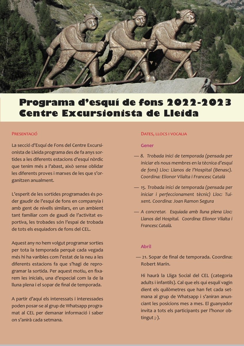 cel_lleida's tweet image. Us compartim les activitats previstes pel mes de Gener😀❄⛄⛷️🏂🧗‍♂️🚵
#btt #excursionisme  #esquidefondo #feec #projeccions