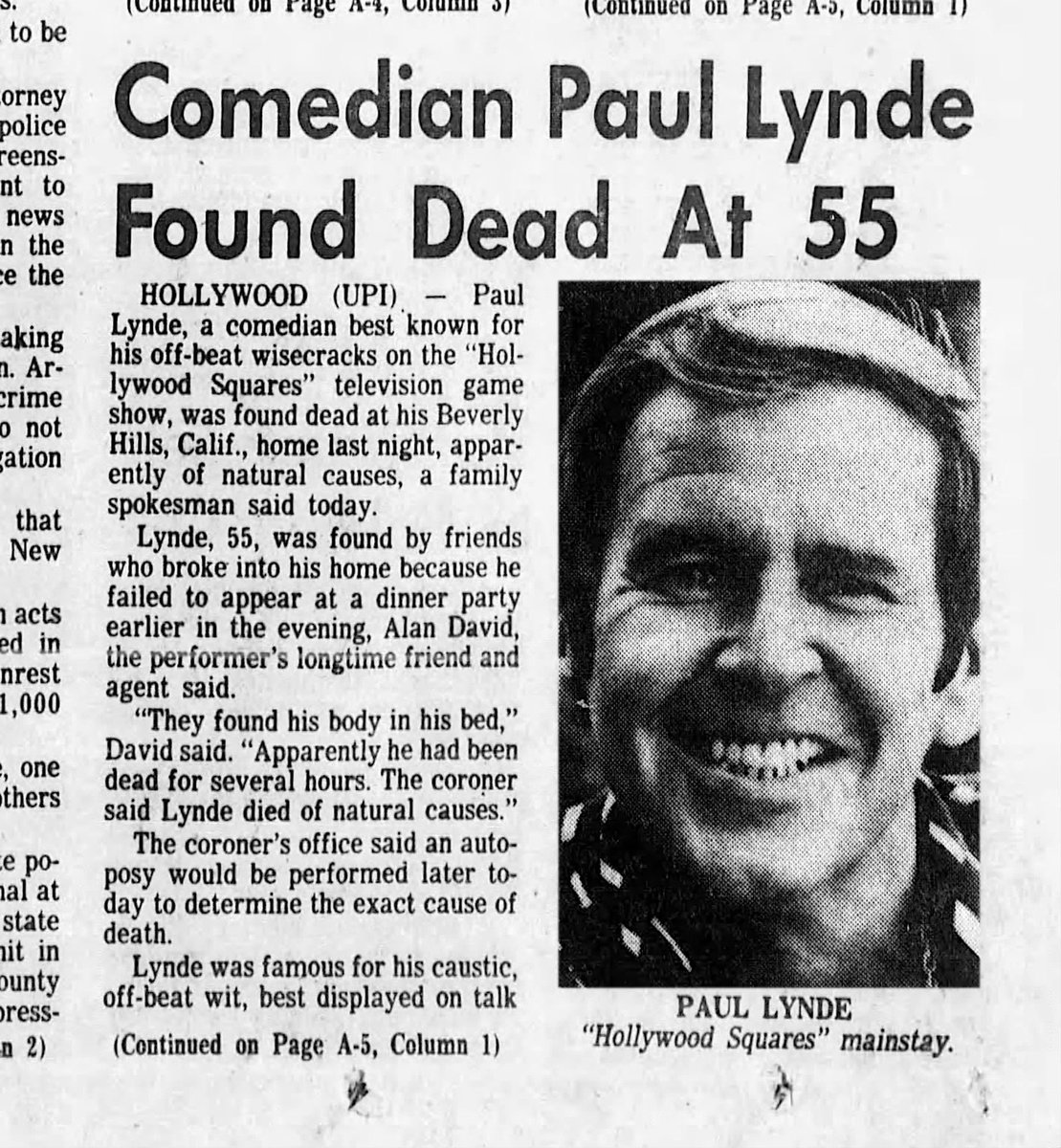 Graeme Wood on Twitter "RT RetroNewsNow On January 10, 1982, Paul Lynde died at the age of 55"