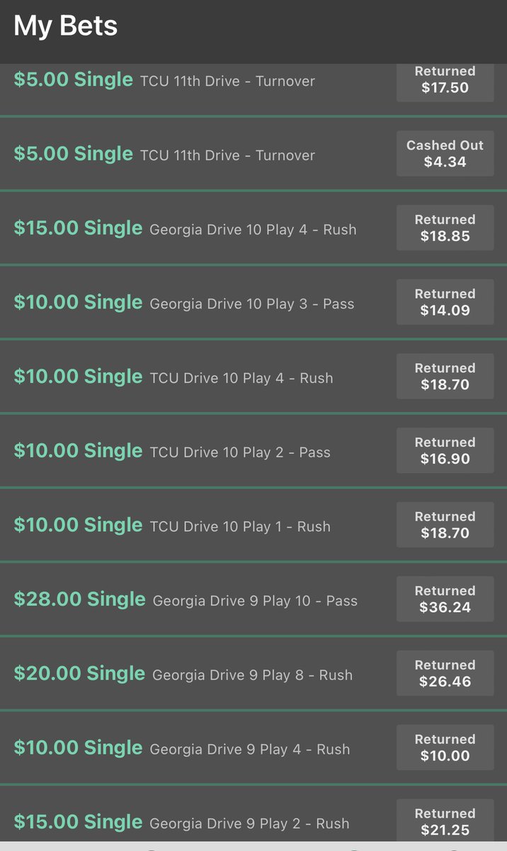 dEbeks12's tweet photo. I live bet each play type last night…. I think I found the cheat code #CollegeFootballPlayoff #UGAvsTCU https://t.co/sytwS5R8fb
