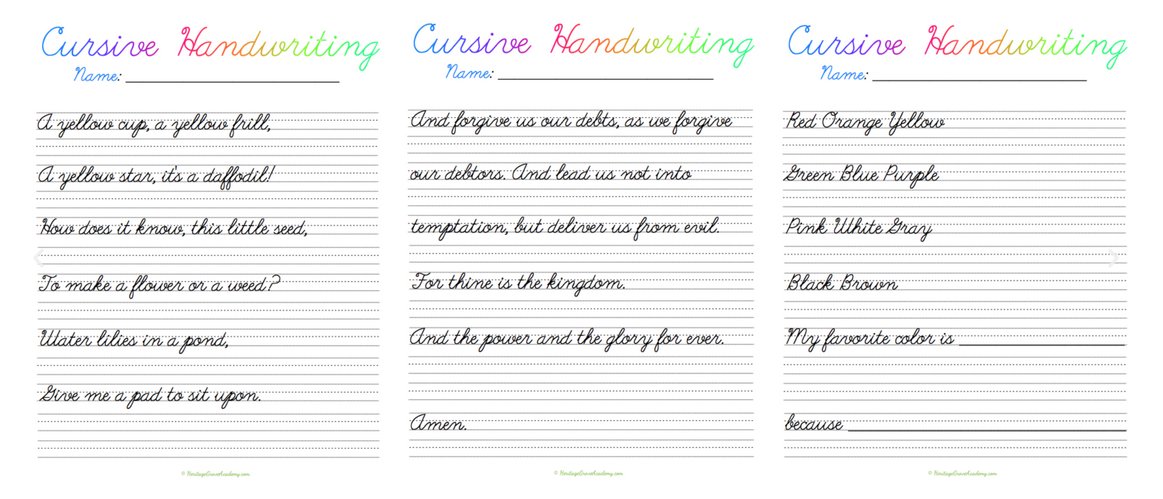 Cursive book - days of the week, months of the year, and colors – coloring page word searches. 
heritagegroveacademy.com/beginning-curs…
After the child has practiced single words, there are pages of sentence prompts. The Lord’s Prayer included.

#teaching #homeschooling