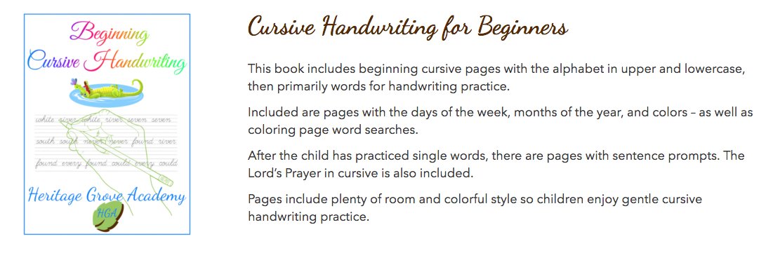 Cursive handwriting book – practice with easy beginning words and phrases. Includes The Lord’s Prayer and word searches.

heritagegroveacademy.com/beginning-curs…

#homeschooling #learning #educational