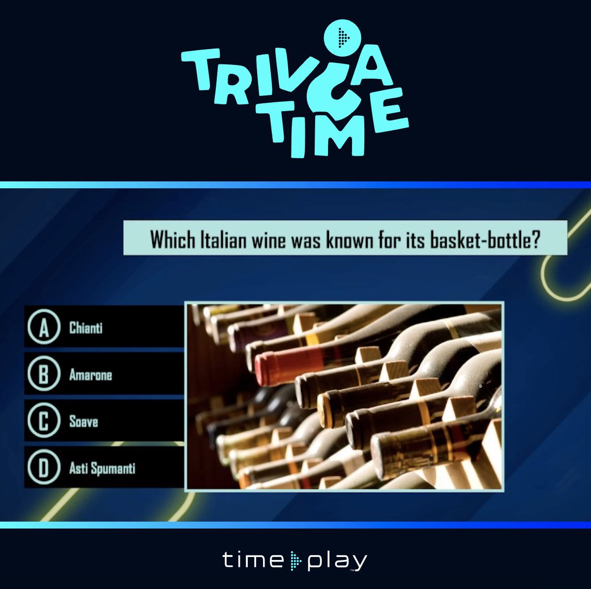 TimePlayEnt's tweet photo. 🍷Saluti🍷It’s #triviatime again! Attention vino lovers … Which Italian wine was known for its basket-bottle?
(A) Chianti
(B) Amarone
(C) Soave
(D) Asti Spumanti
#salut #vino #wine #triviatuesday #trivia #quiztime #triviaquestions #winelover #timeplaytrivia https://t.co/TcufBG3QGG