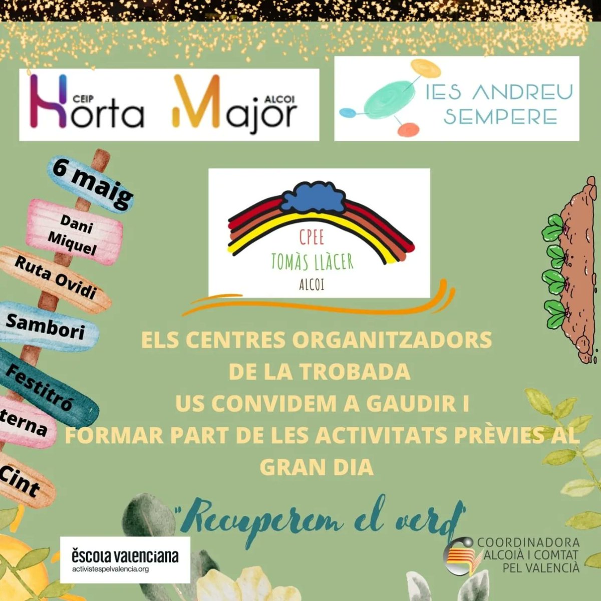 IES_Andreu's tweet photo. Enguany la Trobada d'escoles valencianes de l'Alcoià-Comtat es celebra a Alcoi.
Anoteu a l'agenda: 6 de maig, al barri de l'Eixample.
Però ara ja arranquem les activitats.

@escolatv
@alcoicomtatpel1 @AjuntamentAlcoi @Patriciablume5 https://t.co/1V3pmvnfO5