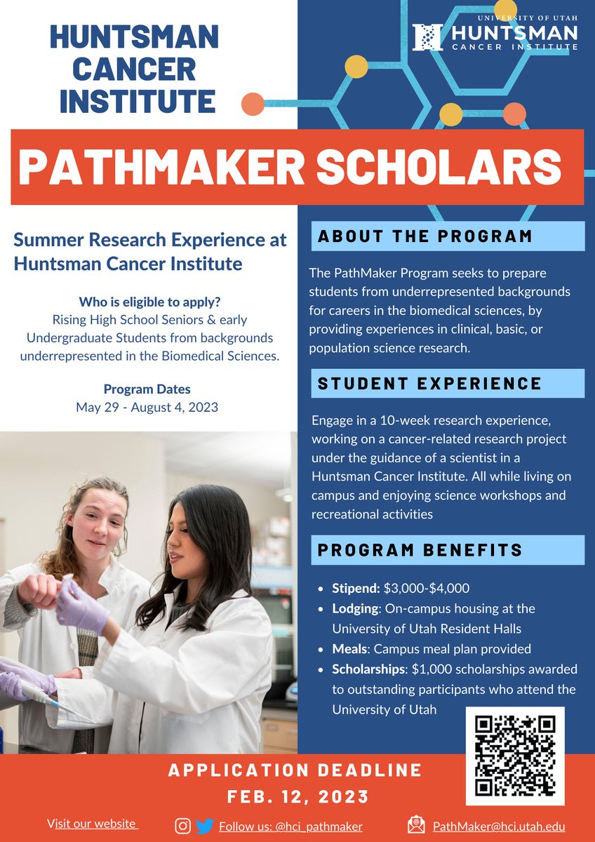 The PathMaker Scholars application is live! PathMaker at the @huntsmancancer seeks to increase the participation of underrepresented students in biomedical cancer research and to encourage them to prepare for careers in research, medicine, and education. Apply Today!