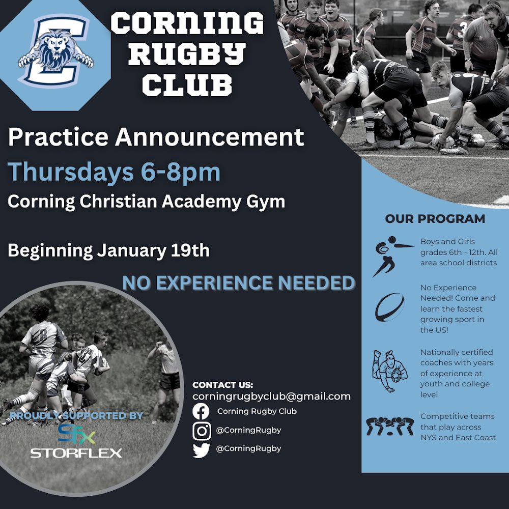 Always looking for some new rugby players! No experience needed. Come try out one of the fastest growing sports in the world. Boys and Girls teams. Season runs from March to June but come lessen the game now and be ready to go! #CorningRugby #15as1