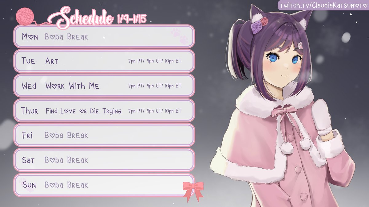 ClaudiaKatsu's tweet photo. 🧋 1/9-1/15 Schedule 🧋
🎨Art: #claudiart
💜Memes: #katsumemo
👑Fan Name: Meownarchists https://t.co/SUXEApAJhQ